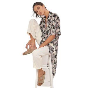 Anthropologie Maeve XS Blue Rita Print Short Sleeve Button Slit Long Tunic Top